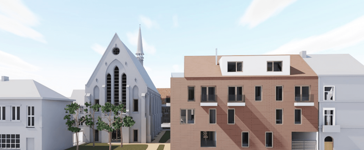 Grafische voorstelling van de kerk een omringende gebouwen die herbestemd zullen worden als co-housing.